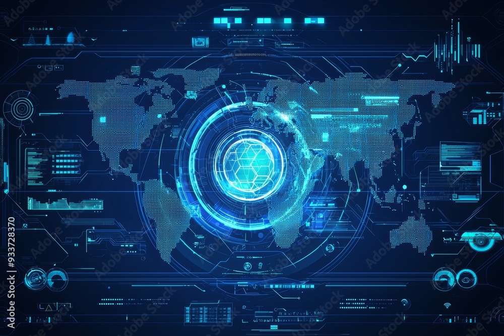 A digital display with an earth globe, fingerprints, and a network circuit A digital display with an earth globe, fingerprints, and a network circuit