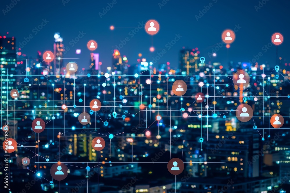 Fototapeta premium Recruiting candidates for international business consulting from a rooftop with a concrete terrace. Human resources and networking icons. City downtown. Two-way exposure.