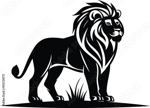 A lion standing on grass, in a simple vector logo style, in black and white