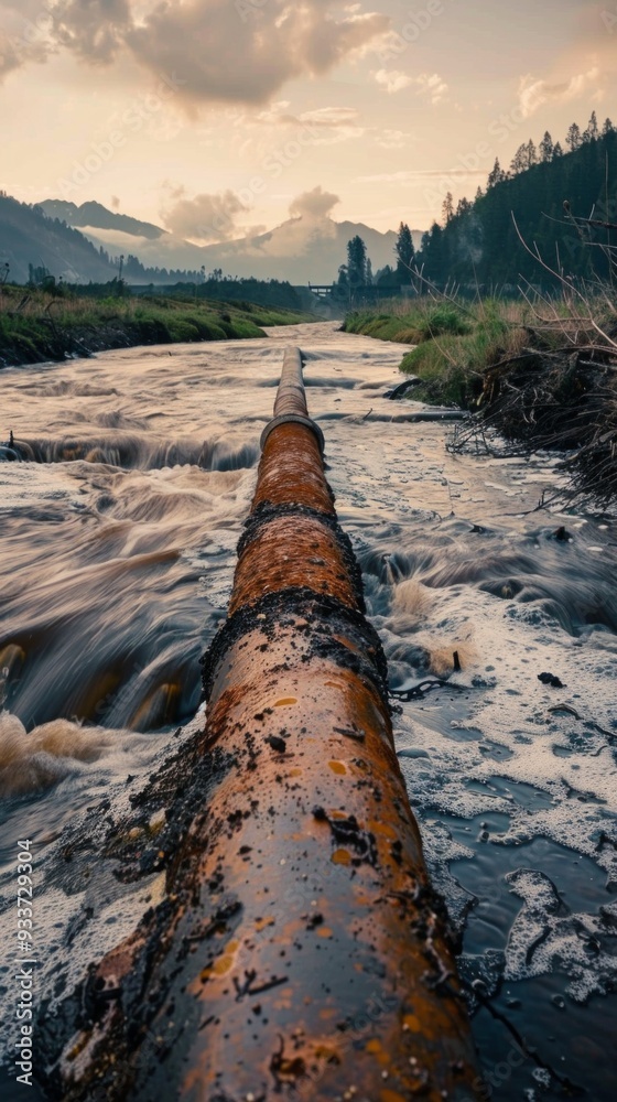A rusty pipeline crosses a swift river with moss-covered sections. Overcast skies, grass, trees, and distant mountains create a serene scene. A rusty pipeline crosses a swift river with moss-covered sections. Overcast skies, grass, trees, and distant mountains create a serene scene.