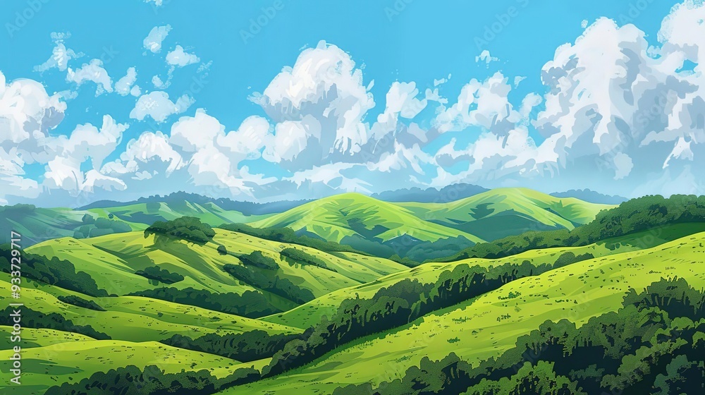 Fototapeta premium Green Hills and Blue Sky with Clouds Illustration