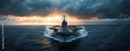 Aircraft carrier crossing under a dramatic cloud-filled sky, reflecting stormy weather on its deck, ultra-realistic, naval endurance