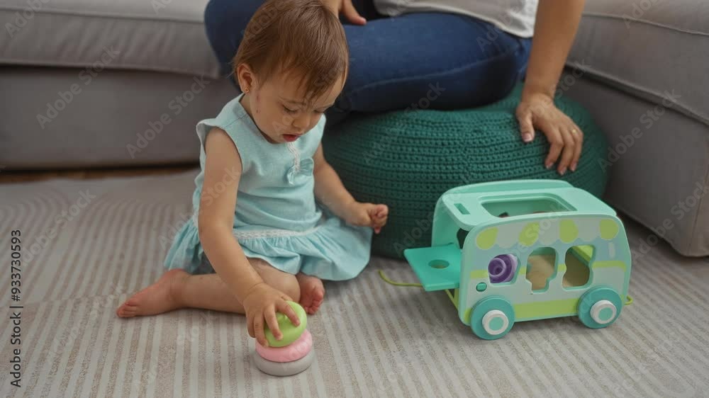 Mother watching toddler girl play with toy in living room home setting Mother watching toddler girl play with toy in living room home setting