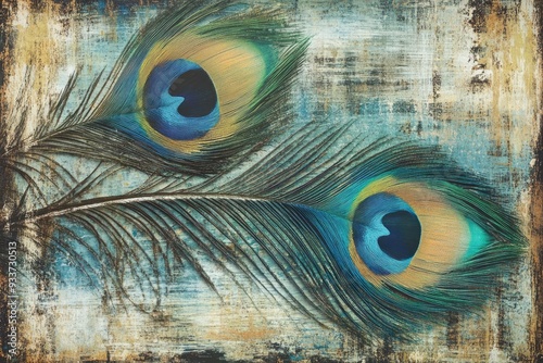 Two Vibrant Peacock Feathers on Distressed Canvas photo