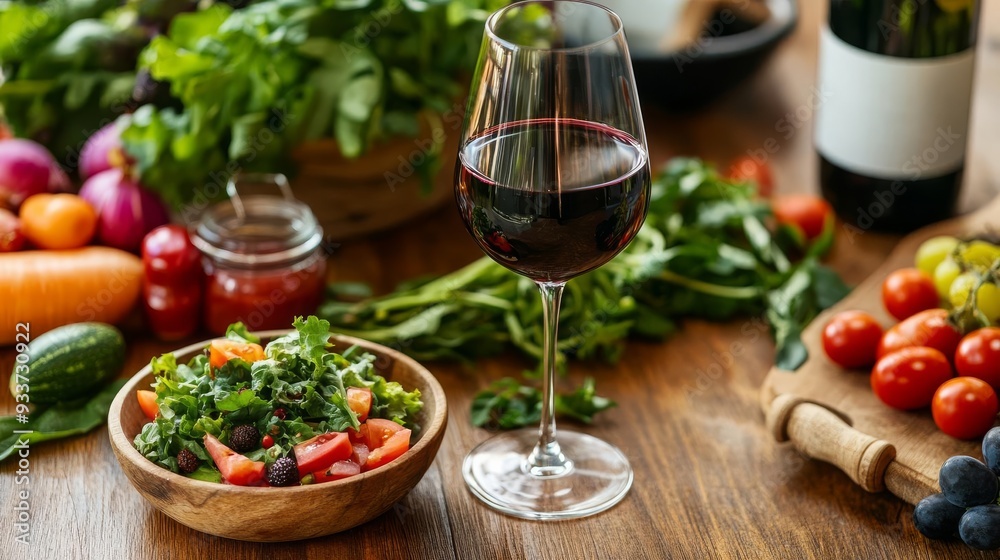 Wooden table with a farm-to-table dinner of fresh produce and wine, organic meal, natural evening enjoyment Wooden table with a farm-to-table dinner of fresh produce and wine, organic meal, natural evening enjoyment