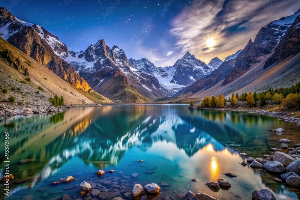 Obraz premium Serene night landscape of Kulikalon lake, surrounded by rugged mountain range, snow-capped peaks, and glaciers, under a starry moonlit sky in Fan Mountains, Tajikistan.