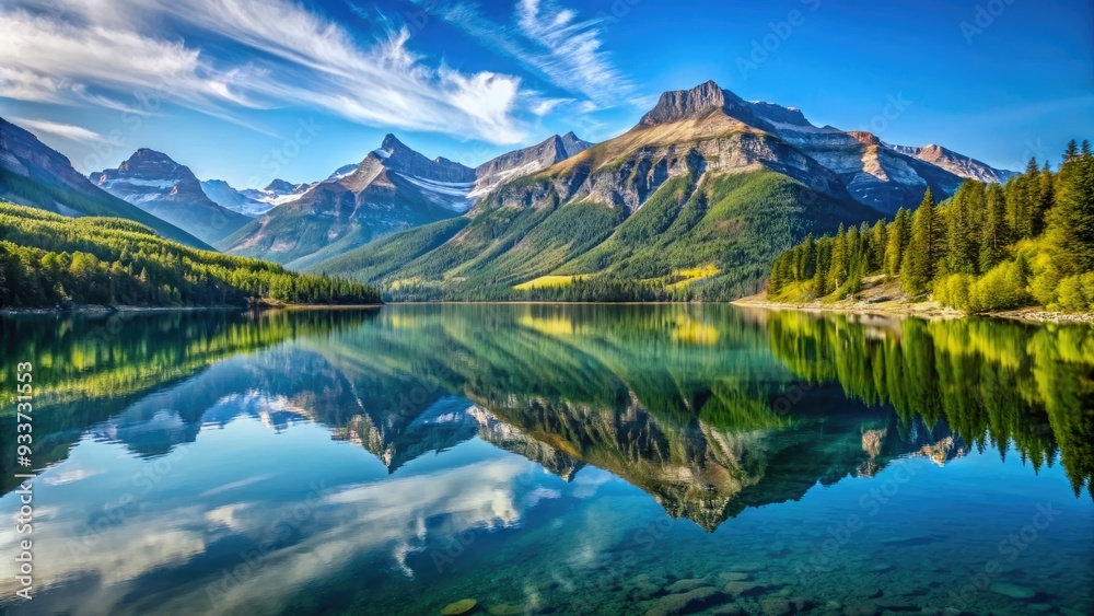 Serenene Waterton Lake surrounded by lush green forests and towering mountain peaks, reflecting majestic beauty under a clear blue sky in Alberta, Canada. Serenene Waterton Lake surrounded by lush green forests and towering mountain peaks, reflecting majestic beauty under a clear blue sky in Alberta, Canada.