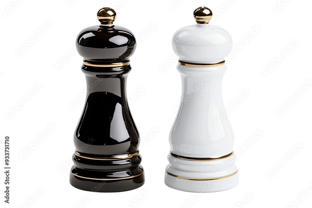 Elegant black and white salt and pepper shakers with a glossy finish Elegant black and white salt and pepper shakers with a glossy finish
