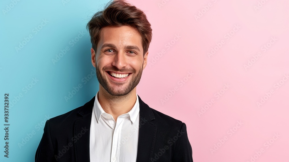 Smiling businessman in suit standing against a colorful pink and blue background, radiating confidence and positivity. Smiling businessman in suit standing against a colorful pink and blue background, radiating confidence and positivity.
