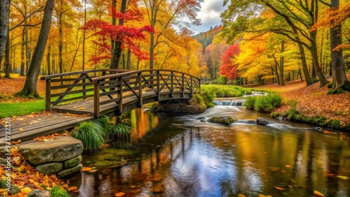 Serene rural landscape featuring a quaint wooden bridge crossing a tranquil stream surrounded by lush greenery and vibrant fall foliage in Woodford, Virginia. photo