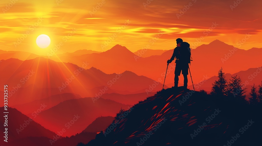 Hiker Silhouette at Sunset in the Mountains Hiker Silhouette at Sunset in the Mountains