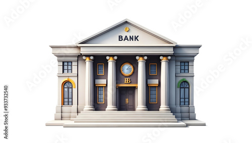 3d A grand, classical bank building with tall columns, a wide staircase, and a gold emblem, symbolizing stability, trust, and financial strength. photo