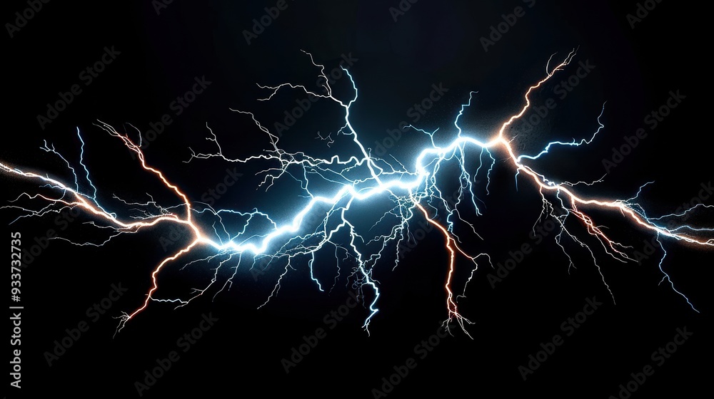 Electric lightning bolt on black background, showcasing vibrant blue and white energy surge. Dynamic and powerful image. Electric lightning bolt on black background, showcasing vibrant blue and white energy surge. Dynamic and powerful image.