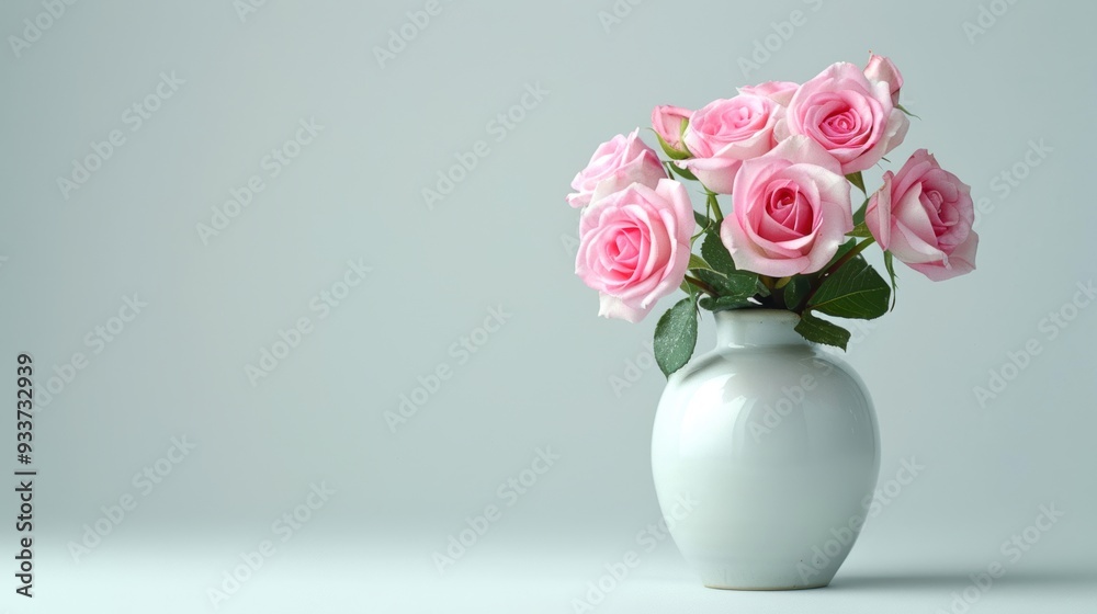 Elegant white vase with beautiful pink roses on a light gray background, perfect for home decor or gift purposes. Elegant white vase with beautiful pink roses on a light gray background, perfect for home decor or gift purposes.