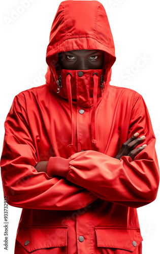 A mysterious person wearing a striking red hooded jacket with a high collar covering their face, staring intensely.  
