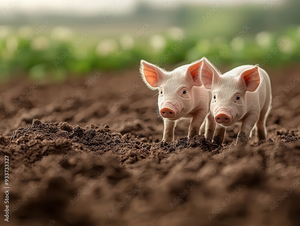 Organic free-range piglets, playing in the dirt, 3D illustration Organic free-range piglets, playing in the dirt, 3D illustration