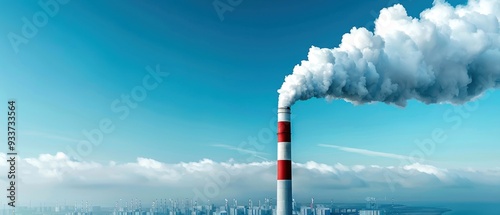 Industrial chimney releasing smoke into the sky, representing pollution and environmental impact on urban areas. photo