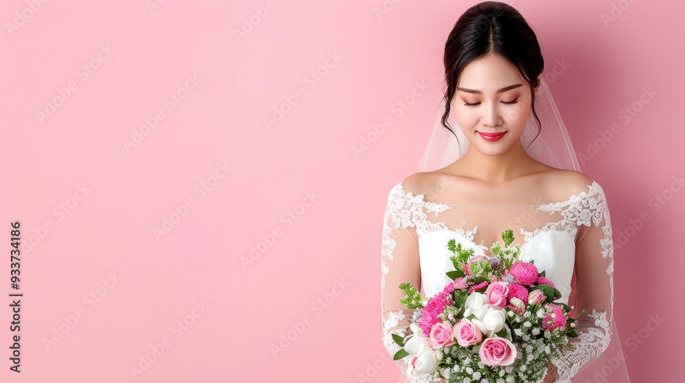 Beautiful bride in a white wedding dress holding a bouquet, standing against a pink background, smiling with closed eyes. Beautiful bride in a white wedding dress holding a bouquet, standing against a pink background, smiling with closed eyes.