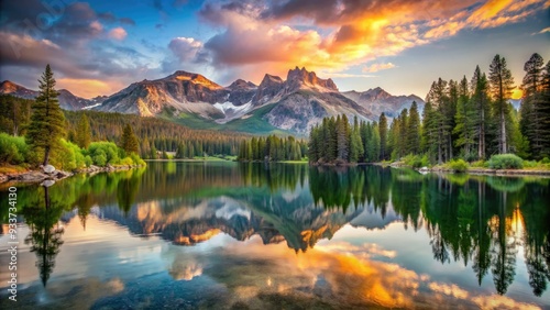 Serene sunrise over Mammoth Lake's calm waters, surrounded by majestic Sierra Nevada mountains and lush green forests, reflecting nature's breathtaking beauty and tranquility.