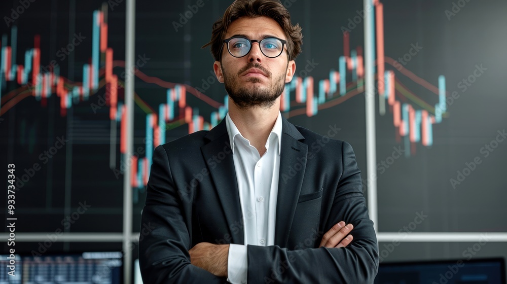 custom made wallpaper toronto digitalConfident businessman with folded arms standing in front of stock market charts and graphs, focusing on financial data and trading trends.