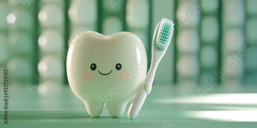 Adorable Cartoon Tooth Character with Toothbrush: AI-Generated Dental Health Concept. 3D Rendered Minimalist Design for Dentistry Marketing, Cavity Prevention, and Oral Hygiene Education. Creative Gra