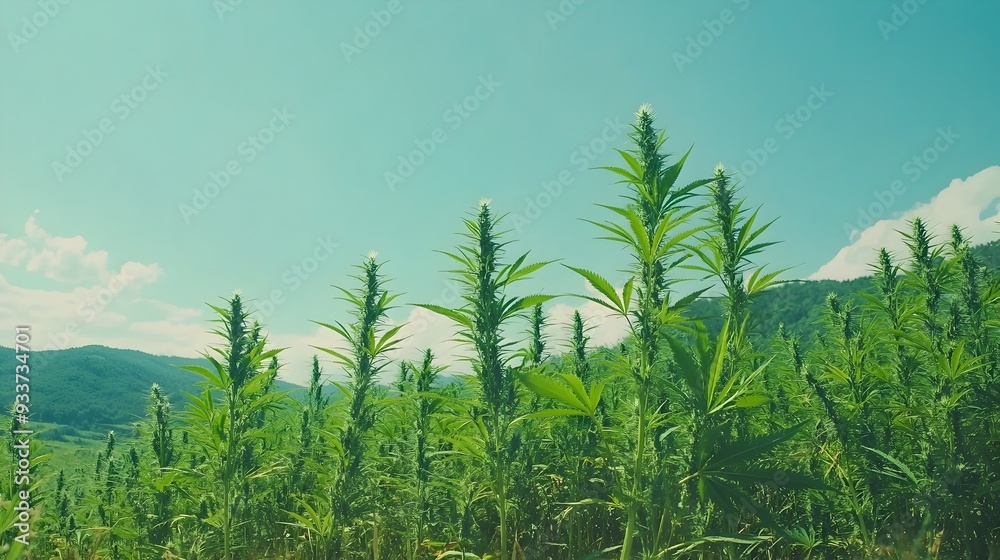 Vibrant field filled with tall healthy cannabis plants growing in a lush green outdoor environment under a clear blue sky Vibrant field filled with tall healthy cannabis plants growing in a lush green outdoor environment under a clear blue sky