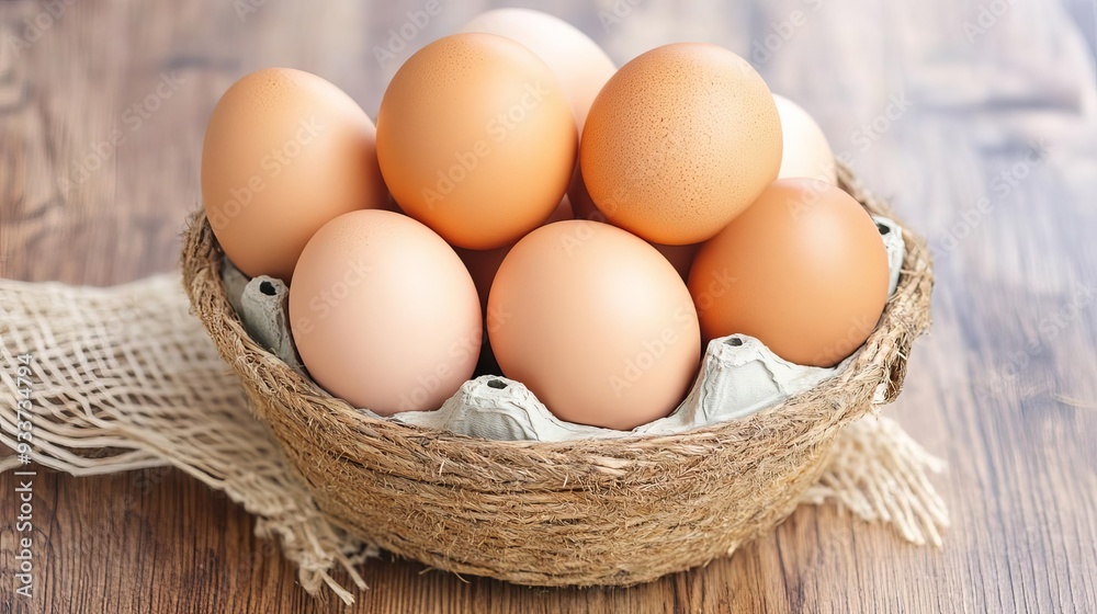 Fresh organic eggs in a rustic basket with farm background, farm-to-table eggs, natural food sourcing Fresh organic eggs in a rustic basket with farm background, farm-to-table eggs, natural food sourcing