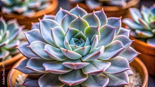 succulent, horticulture, natural, grey, foliage, garden, outdoors, low angle, macro, botanical, Closeup of a grey Echeveria succulent plant taken from a low angle perspective