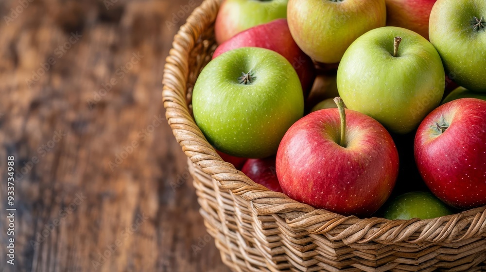 Fresh organic apples in a wicker basket with rustic background, farm-to-table apples, natural autumn harvest Fresh organic apples in a wicker basket with rustic background, farm-to-table apples, natural autumn harvest