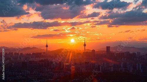 Sunset of Seoul City and Seoul Tower South Korea.