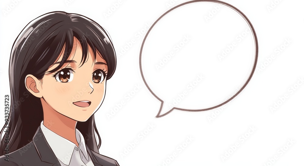 Anime Style Asian Woman in Her Late Thirties in Office Suit, Speaking with Open Mouth and Speech Bubble, White Background Anime Style Asian Woman in Her Late Thirties in Office Suit, Speaking with Open Mouth and Speech Bubble, White Background