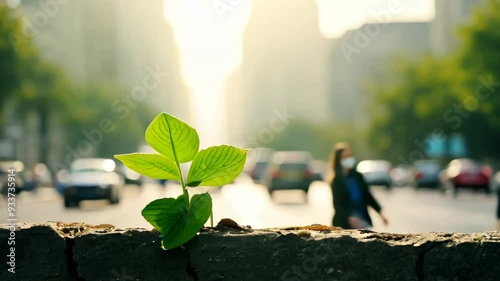 Plant growing amidst traffic on a busy city street during golden hour photo