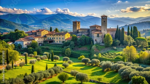 Serene Tuscan countryside landscape with rolling green hills, medieval towers, and ancient olive groves under a bright blue sky in the Province of Lucca, Italy. photo