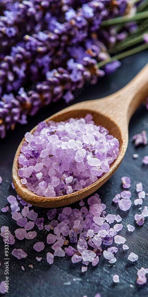 Wooden spoon with purple sea salt and lavender flowers, symbolizing relaxation and therapeutic benefits of sea salt therapy. Wooden spoon with purple sea salt and lavender flowers, symbolizing relaxation and therapeutic benefits of sea salt therapy.