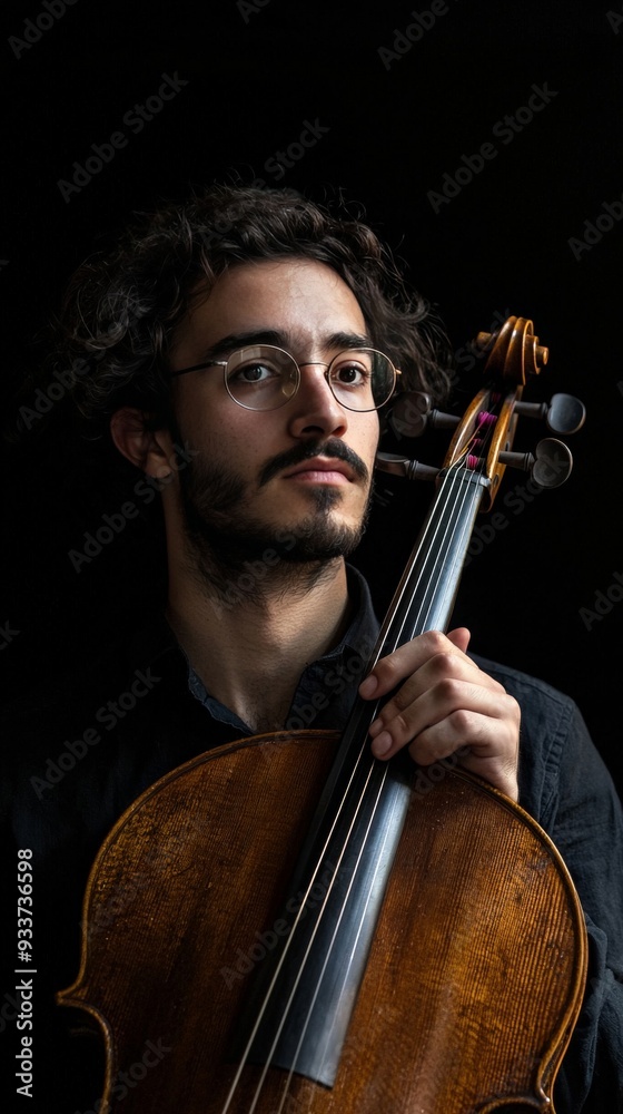 A studio portrait of a musician holding their instrument, the background completely black to focus attention on the subject A studio portrait of a musician holding their instrument, the background completely black to focus attention on the subject