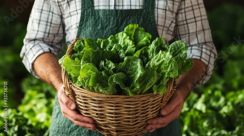 Farmer holding a basket of freshly picked organic greens, farm-to-table greens, natural food source