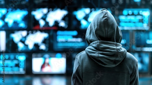 Hacker wearing a hoodie facing multiple screens with world maps and data, symbolizing cyber security and digital warfare.