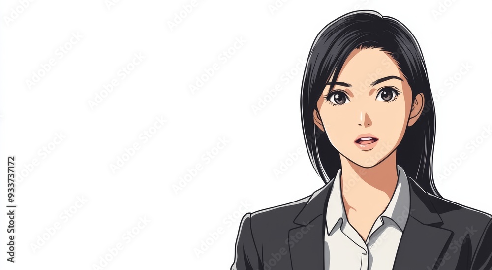 Anime Style Asian Woman in Her Late Thirties in Office Suit, Speaking with Open Mouth and Speech Bubble, White Background Anime Style Asian Woman in Her Late Thirties in Office Suit, Speaking with Open Mouth and Speech Bubble, White Background