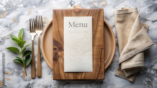 Fototapeta Naklejka Na Ścianę i Meble -  Menu card mockup displayed on a rustic wood board with a linen napkin on a elegant marble table , restaurant, menu, mockup, wood