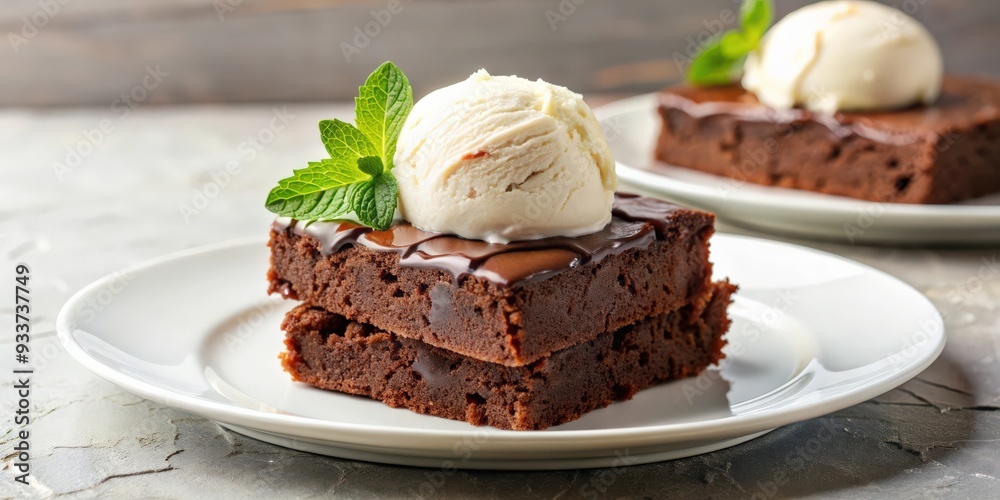 Delicious chocolate brownies served with a scoop of vanilla ice cream on a white plate, dessert, sweet, sugary Delicious chocolate brownies served with a scoop of vanilla ice cream on a white plate, dessert, sweet, sugary