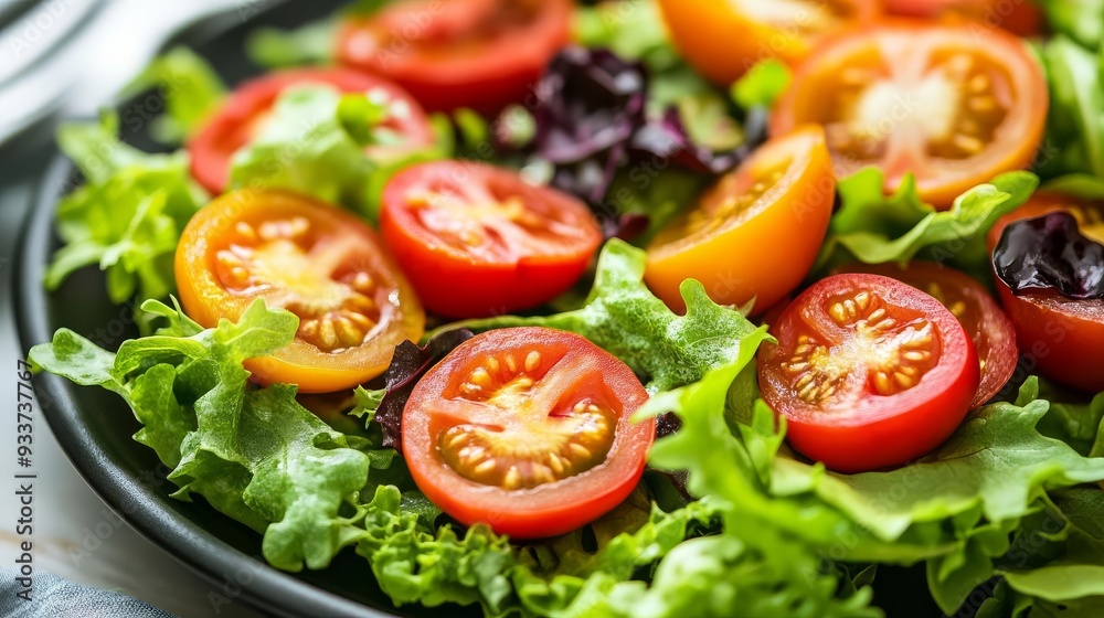 Close-up of a farm-to-table salad with heirloom tomatoes and fresh greens, organic salad, natural health and flavor Close-up of a farm-to-table salad with heirloom tomatoes and fresh greens, organic salad, natural health and flavor
