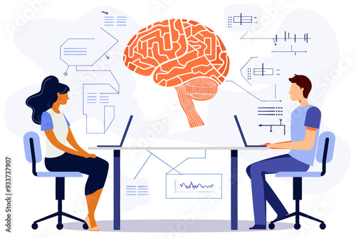 Training AI models in a common environment workspace. Flat design colorful illustration