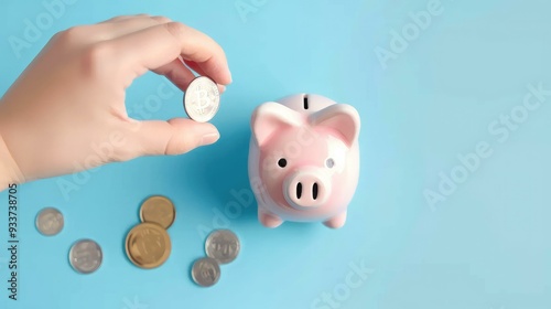 A hand gracefully places a coin into a piggy bank against a light blue background, providing ample copy space for texts, making it ideal for financial goals and savings concepts.