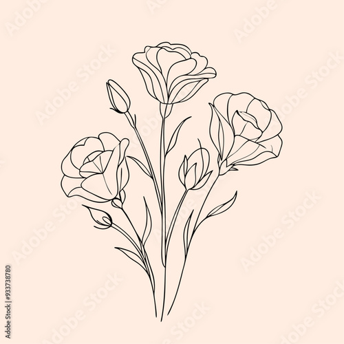 Eustoma flower drawings Black and white with line art Hand Drawn Botanical Illustration (23)