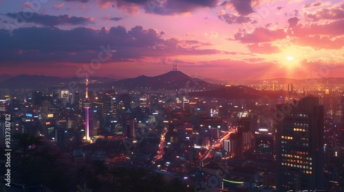 Sunset of Seoul City and Seoul Tower South Korea.