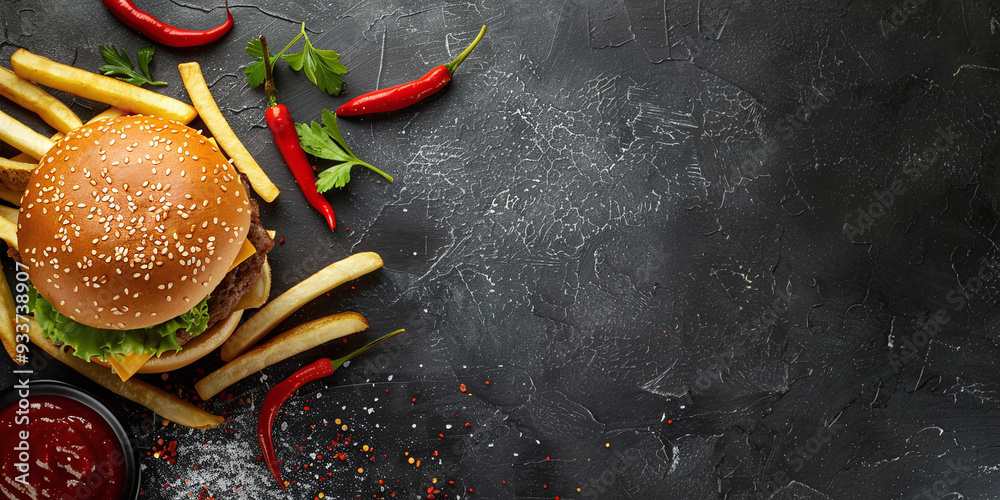 burger french fries peppers and ketchup on wooden surface, top view fast food hamburger chips and sauce on dark background with copy space burger french fries peppers and ketchup on wooden surface, top view fast food hamburger chips and sauce on dark background with copy space