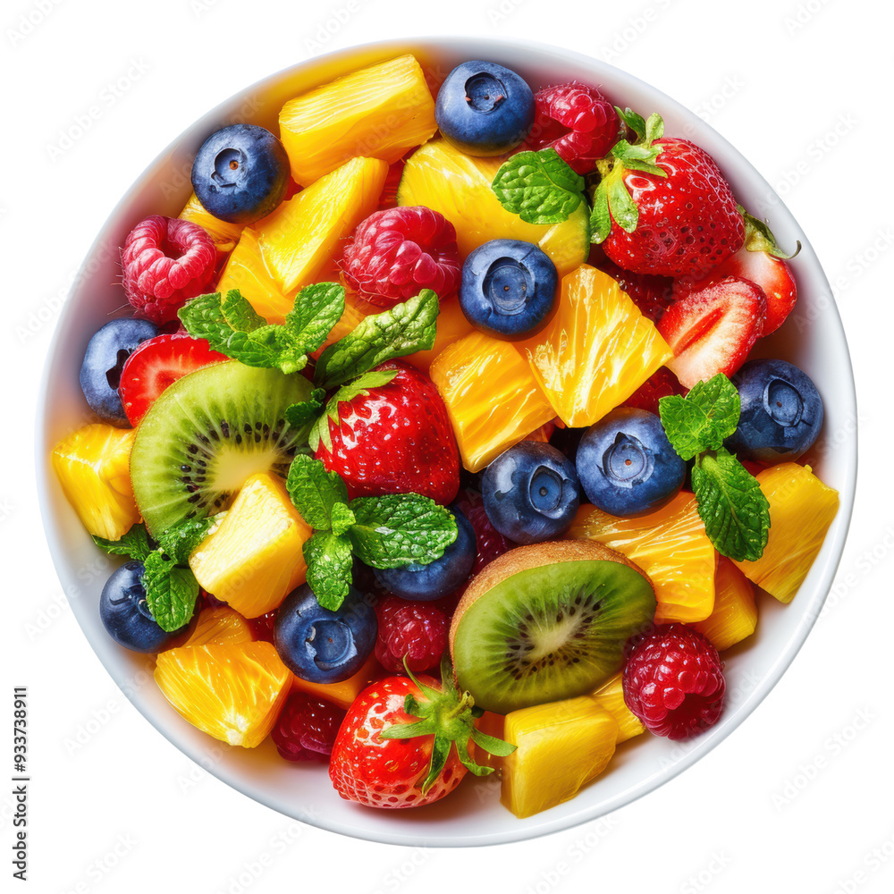 Obraz premium Fresh Fruit Salad with Kiwi, Pineapple, Berries, and Mint