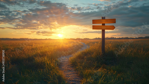 Sunset Path with Wooden Signpost and Grassy Field.