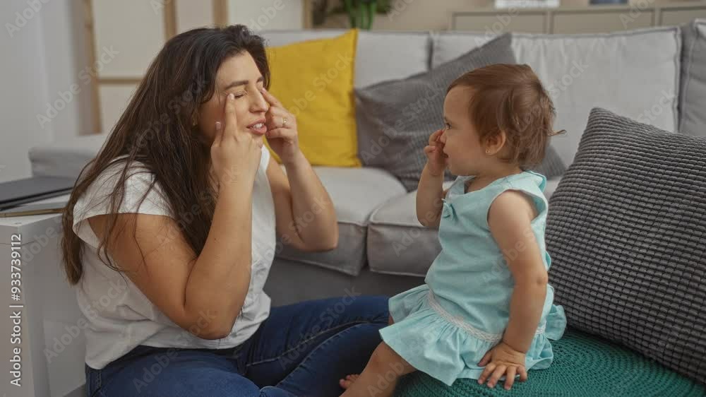 Woman and toddler girl sitting together in a cozy living room interacting and playing with each other in a loving family moment indoors Woman and toddler girl sitting together in a cozy living room interacting and playing with each other in a loving family moment indoors