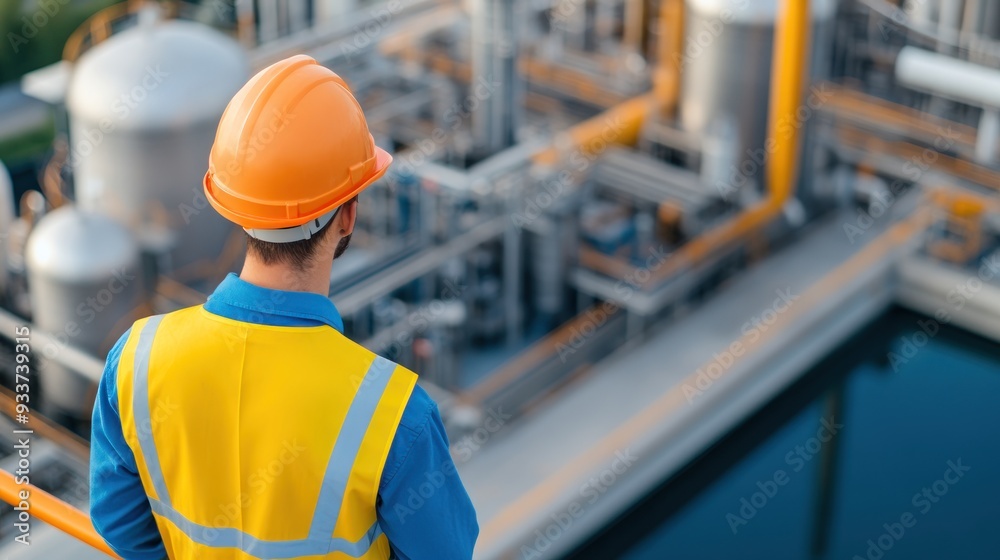 Engineer checking biogas digester with bubbling toxic water, surrounded by industrial equipment designed for safe methane gas production from hazardous waste. Engineer checking biogas digester with bubbling toxic water, surrounded by industrial equipment designed for safe methane gas production from hazardous waste.